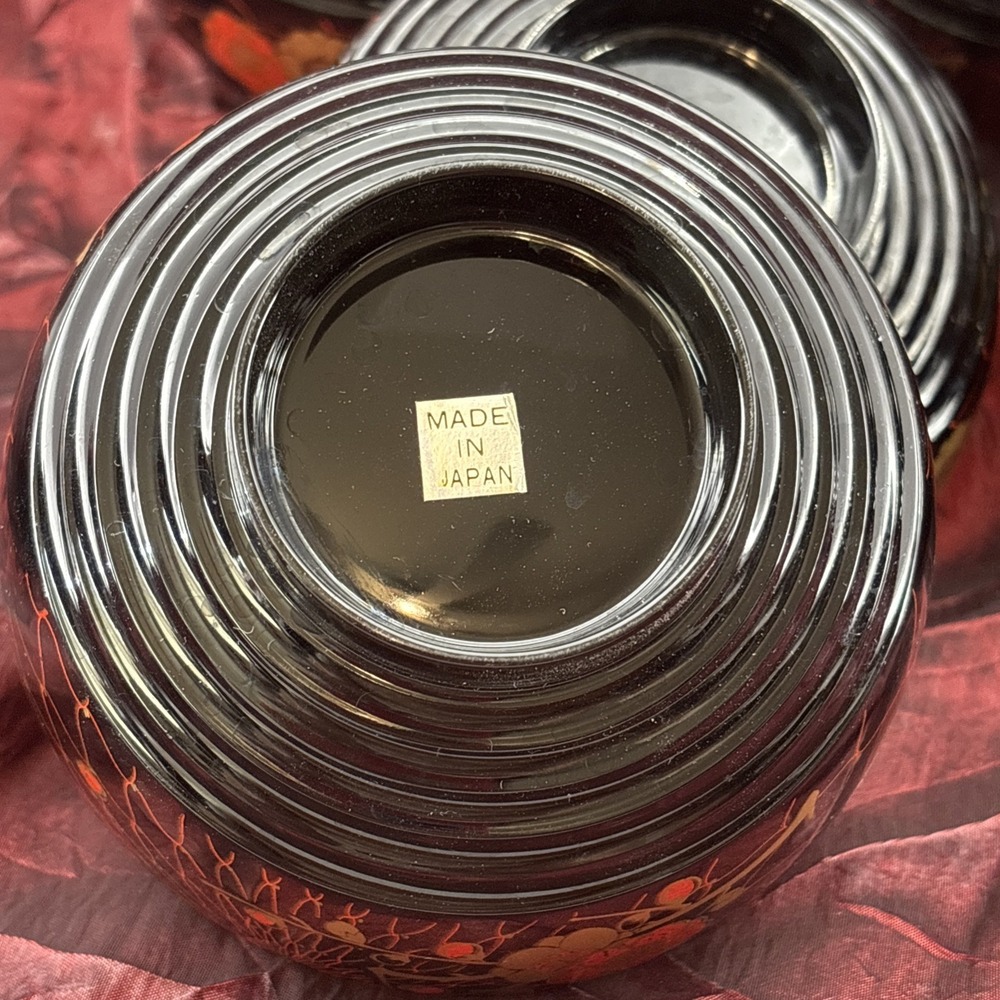 Japanese Lacquerware Bowls Soup Rice Noodles Red Black Gold Floral Miso Japan - Picture 4 of 16